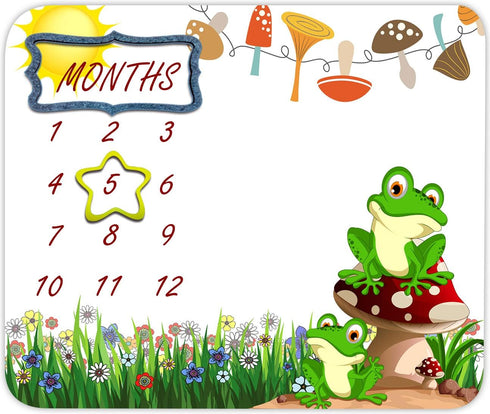 Frog Baby Monthly Milestone Blanket, 48x40in Cartoon Animal Plants Sun Mushroom Green Grass Blanket Soft Flannel for Unisex Newborn Baby Shower, B...