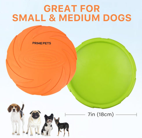 PrimePets Dog Frisbees, 2 Pack, 7 Inch Dog Flying Disc, Durable Dog Toys, Nature Rubber Floating Flying Saucer for Water Pool Beach, Orange and Gr...