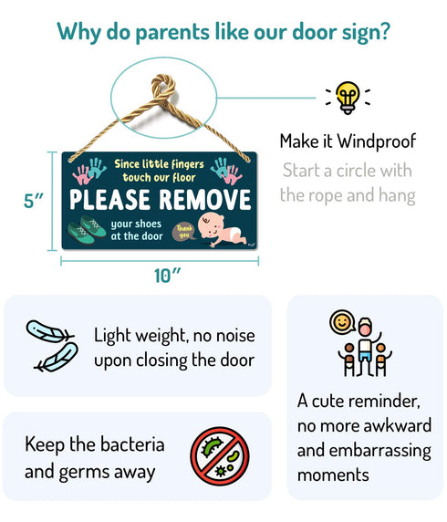 Fun-Plus Please Take Your Shoes Off - Remove Your Shoes Sign - 10?x5? PVC Plastic Hanging Sign- Since Little Fingers Touch Our Floor...