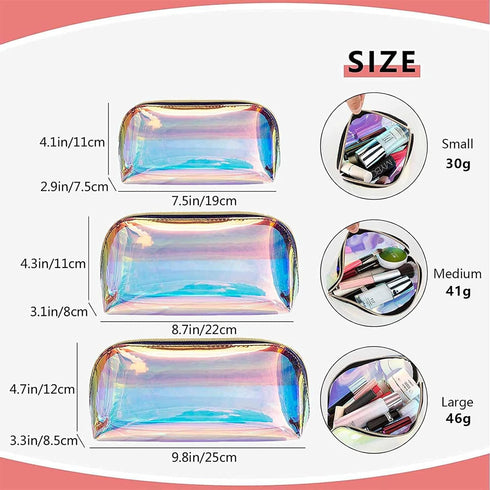 Holographic Makeup Bag Iridescent Cosmetic Pouch Clear Waterproof Portable Travel Cosmetic Pouch TPU Zippered Toiletry Organizer bag for Women 3PC...