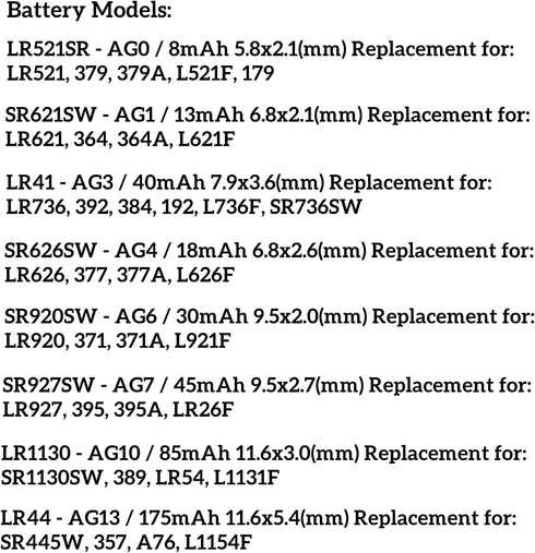 Watch Batteries 80PCS - AG0, AG1, AG3, AG4, AG6, AG7, AG10, AG13, 1.5V Alkaline LR41 LR44 Assorted Button Coin Cell Batteries...
