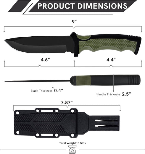 Dispatch Tactical Fixed Blade Knife with Sheath and Clip, 9 Inch Survival Hunting Knives with Non-Slip Handle for Outdoor Camping, Hiking, Bushcra...
