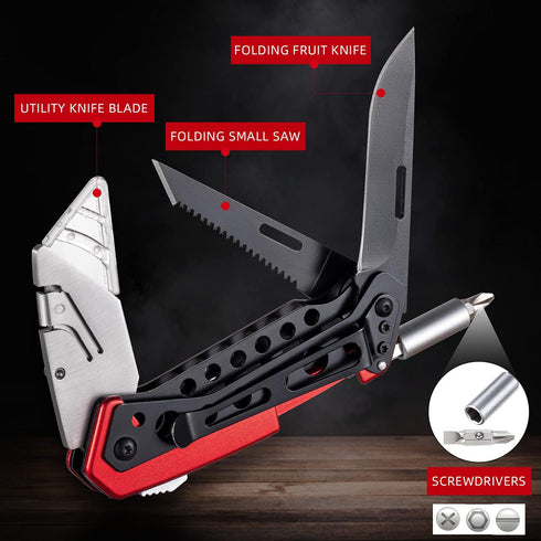 edcfans Folding Utility Knife Box Cutter with 5 Razor Blades, Screwdriver, Saw, Fruit Knife, Lock Design, Pocket Clip and Holder for Belt, EDC Hea...