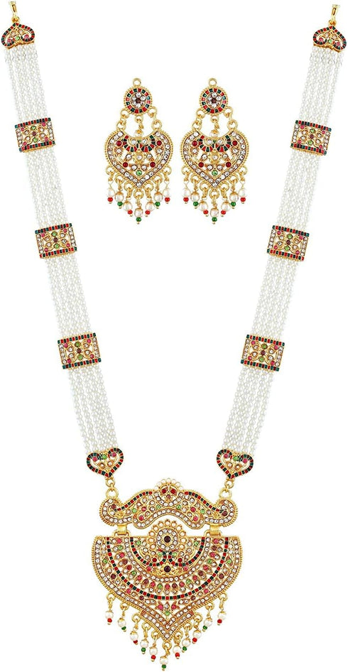 Designer Premium Hydrabadi Indian Faux Pearl Long Multicolor Necklace Jewellery Set for Women...