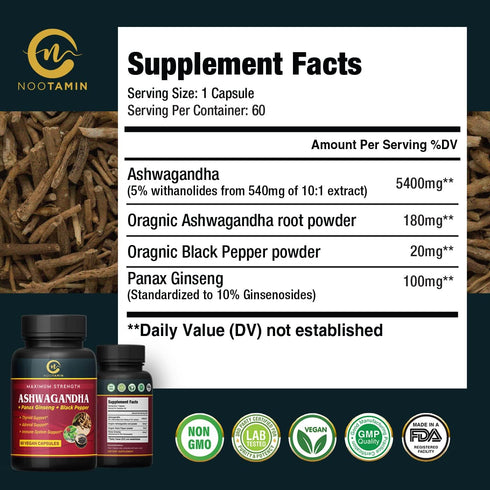 Organic India Ashwagandha Capsules 5700mg - 60 Vegan Capsules with Panax Ginseng + Black Pepper Supporting Focus, Cognitive Function, Immune & Thy...