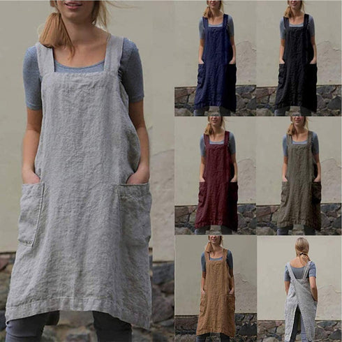 Cotton Linen Apron for womens Cross Back Apron Pinafore Dress for Baking Cooking Gardening Work...