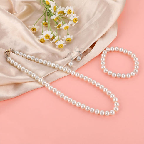 Pearl Jewelry Set for Women, 8mm White Pearl Necklace Fake Pearl Wedding Necklace 3 Pcs Simulated Faux Pearl Necklace Bracelet Earrings Set Costum...