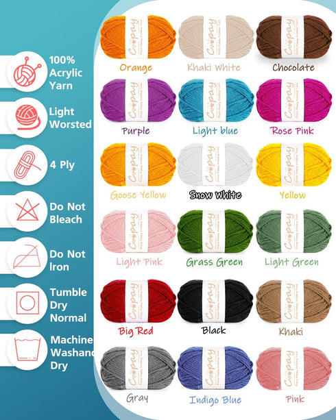 Coopay 25gx18 Colors Crochet Yarn Pack with Crochet Hooks (3mm+4mm), 1377yd Acrylic Yarn for Crochet Animal Kit, Multicolor Yarn Set 4ply Soft Yar...