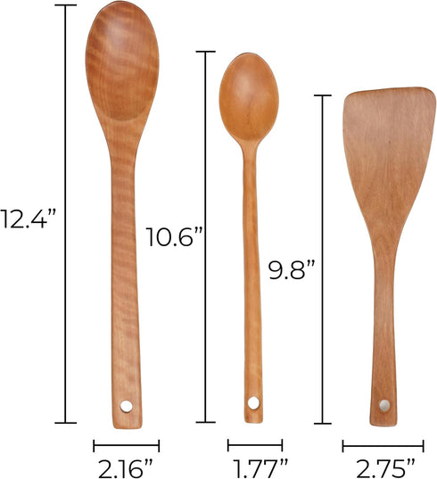 Wooden Spoons for Cooking, 3-Piece Wooden Utensil Set, Wooden Spoons and Spatula for Cooking, Serving, Natural Wood, Non-Stick, Smooth Surface, La...