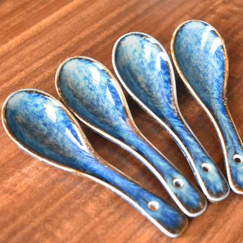 4 Pieces Soup Spoon Set, Asian Soup Spoon, Long Handle Ceramic Soup Spoons, Retro Blue Ramen Bowl Soup Spoon Suitable for Soup, Dumplings, Gravy, ...