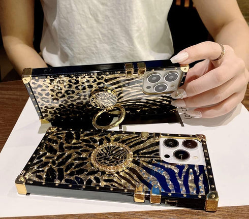 for Samsung Galaxy A52 Trunk Case,Luxury for Women Girls Box Design Gold Glitter Bling Cute Leopard Pattern Soft Cover with Finger Ring Grip Kicks...
