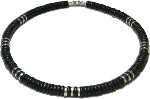 18" Raiders Black Wood Coco Silver Beaded Necklace - 8mm (5/16")...