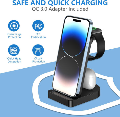 Charging Station for Multiple Devices,Cabepow 3 in 1 Fast Charging Station Dock for iPhone Series 14 Pro Max/13/12/11/X/8 Plus,for Airpods, Wirele...