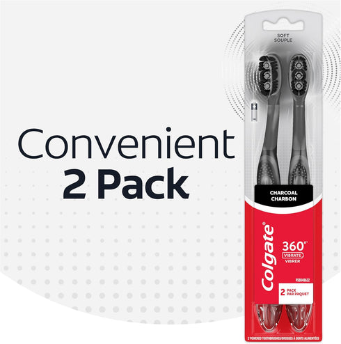 Colgate 360 Vibrate Charcoal Battery Operated Toothbrush Pack, Soft with 1 AAA Battery Included, Black, 2 Count...