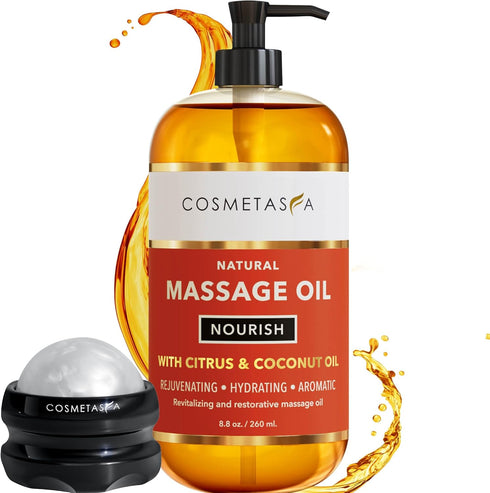 Natural Nourishing Massage Oil with Massage Roller Ball - Therapeutic Citrus & Coconut Massage Oils with Rejuvenating, Hydrating & Aromatic Essent...