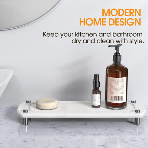 Instant Dry Bathroom Kitchen Sink Organizer, Diatomite Stone Drying Tray for Soap Dispenser, Sponge Brush and Toothbrush Cup, Countertop Fast Dryi...