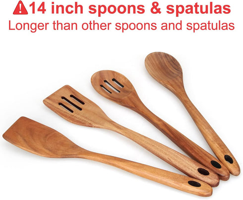 4-Piece 14" Large Wooden Utensils Set for Cooking Spatula Long Handled Slotted Spoon Non-Stick Utensil Slotted Turner Mixing Spoons with Hole Best...