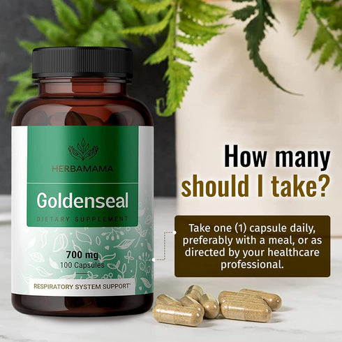 HERBAMAMA Goldenseal Root Capsule Supplement - Organic Goldenseal Herb Powder Pills - Respiratory & Digestive Health Support - 100 Capsules...