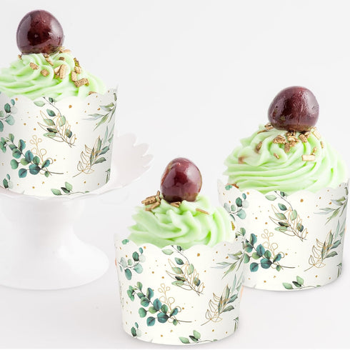 100Pcs Eucalyptus Leaf Paper Baking Cups Green Gold Foil Leaves Cupcake Wrappers Scalloped Edge Cupcake Muffin Cases for Wedding Birthday Party...