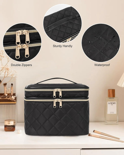 Travel Makeup Bag Organizer, Large Make Up Bag for Women, Double Layer Cosmetic Bag with Removable Dividers, Portable Makeup Case Storage, Black...