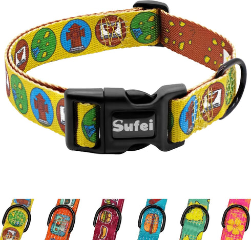 SUFEI Nylon Dog Collar - Adjustable Classic Pet Collars with Quick-Release Buckle and D-Ring, Multicolor Cute Patterns Soft Dog Collar for Small M...