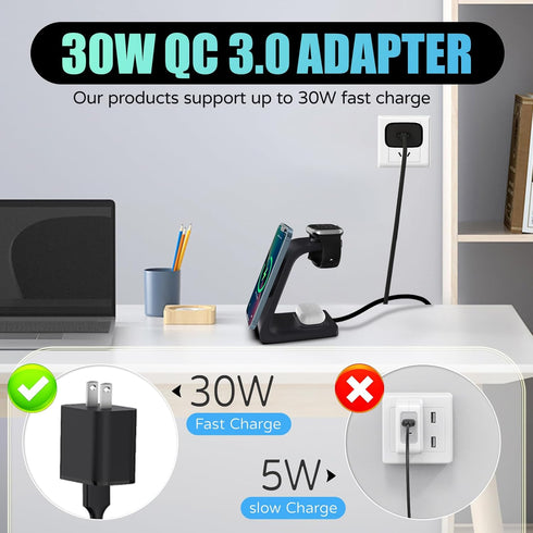 3 in 1 Magnetic Wireless Charger Station for Apple Devices with 30W QC3.0 Adapter 7.5W/15W Fast Charging for iPhone12/13/14/15/Pro/Pro Max/Plus/Mi...