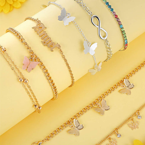 Hicarer 8 Pieces Anklets for Women Cute Charms Butterfly Ankle Bracelets Colorful Rhinestone Anklets Boho Beach Layered Chain Anklets for Girls Fo...