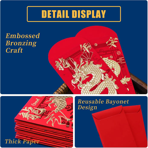 Red Envelopes Chinese New Year Dragon 2024, Lunar New Year of the Dragon Envelope Large Interoffice Envelopes Red Packet Hong Bao with 6 Different...