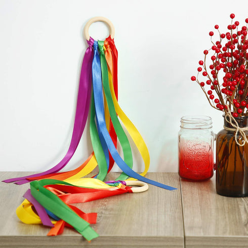 WILLBOND 3 Pieces Rainbow Hand Kite Ribbon Wrist Ribbons, Ribbon Wind Wand Dancing Ribbon Streamer with Wood Ring Learning Sensory Educational Toy...