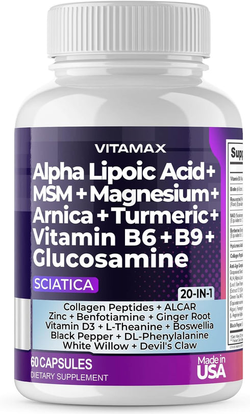 Sciatica Nerve Health Support - Sciatic Nerve Supplement Capsules with Folic Acid, Pea, Glucosamine, MSM, Vitamin B Complex, Alpha Lipoic Acid 300...