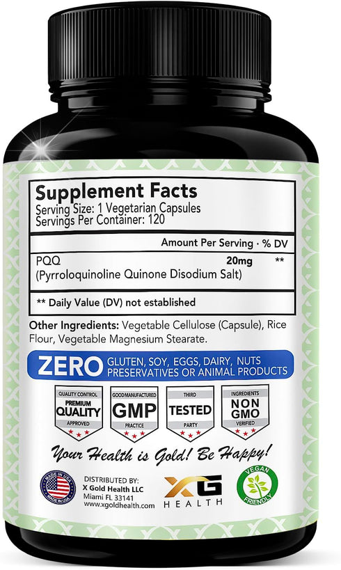 PQQ Supplement Veggie Capsules (Pyrroloquinoline Quinone), 99,7%+ Highly Purified - Promotes Mitochondrial Biogenesis, Energy Optimizer, Heart Hea...
