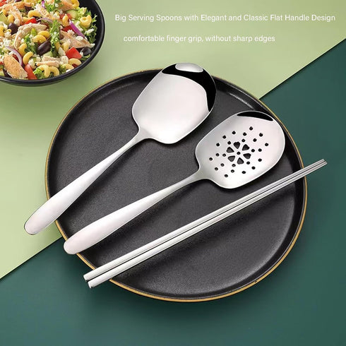 X-Large Serving Spoons Set, 9.8 Inch Slotted Spoon and Serving Spoon, 18/8 Stainless Steel Cooking Spoon, Mixing Spoon, Buffet Serving Utensils, P...