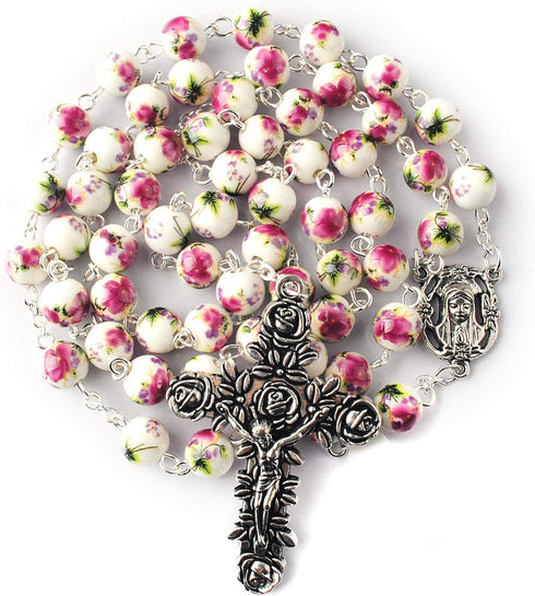 HanlinCC 8mm Round Ceramic Beads with Flower Painting Catholic Rosary Necklace with Maria Center piece and Flower Cross with Leather Gift Box...