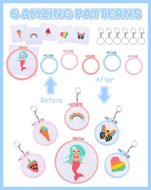 Pllieay 6 Pcs Cross Stitch Kits for Beginners for Kids 7-13, Kids Embroidery Kit Needlepoint Kit Arts and Crafts Kit with Instructions for Backpac...