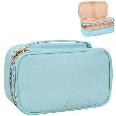 Relavel Small Makeup Bag, Travel Makeup Organizer, 2 layers Cosmetic Bag with Makeup Brush Holder, Compact Makeup Pouch for Women, Waterproof Toil...