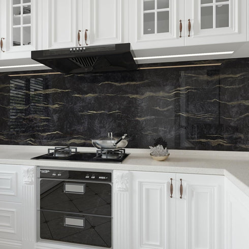 Black and Gold Marble Wallpaper Peel and Stick Glossy Dark Granite Countertops Marble Contact Paper Removable Self Adhesive Wall Paper for Bathroo...