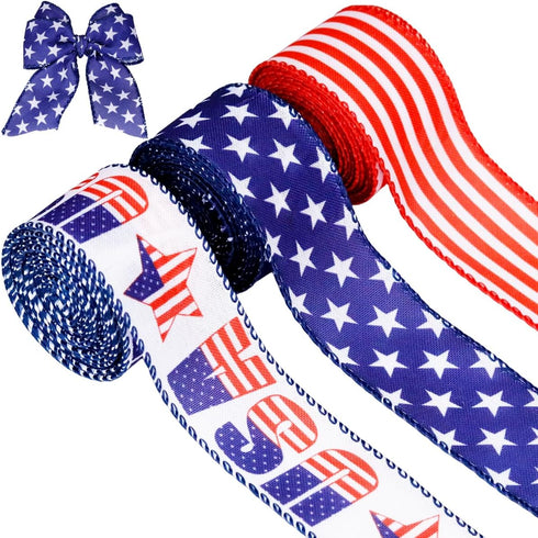 3 Rolls Patriotic Wired Edge Ribbon 9.9 Yard 4th of July Stars and Stripes Ribbons Red White Blue Ribbon for Wrapping Crafts Decoration, Independe...