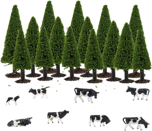 S0701 15pcs Dark Green Pine Model Cedar Trees and 8pcs Model Cows for Model Railroad Scenery Landscape Layout HO OO Scale New...