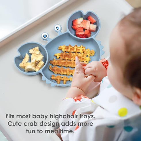 ROCCED Suction Plates for Baby, Silicone Plates with Suction Divided, Baby Spoon Fork Set for Toddler Baby Dishes Kids Utensils-Crab Dusty Blue...