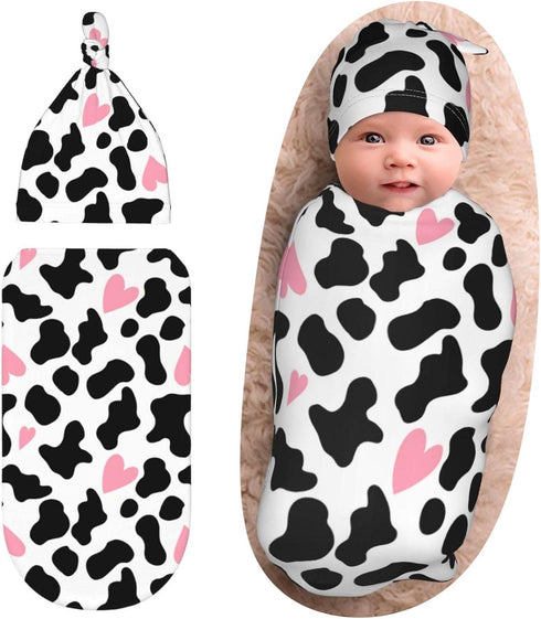 Cow Print Baby Stuff Pink Baby Newborn Swaddling Blanket with Beanie Hat Set, Baby Stuff Newborn Receiving Blanket for Baby Boy Girl Swaddles Wrap...