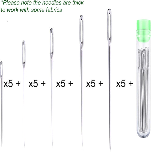 25 Large Eye Stitching Needles - 5 Sizes Big Eye Hand Sewing Needles in Clear Storage Tube...