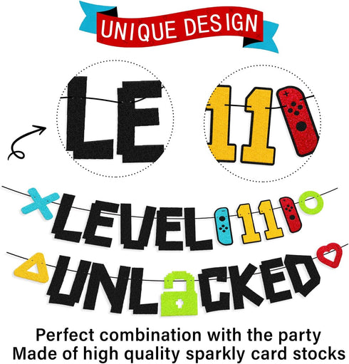 Level 11th Unlocked Sign Banner Happy 11th Birthday Level Up Eleventh Bday Party Decorations for Video Game Controller Themed Kids Boy Girl Birthd...