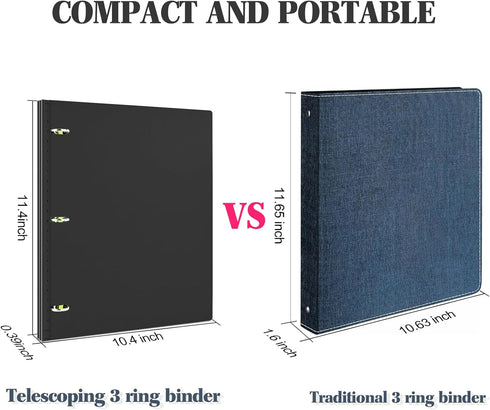 1 Inch Telescoping 3 Ring Binder- 1 PCS-Black, Portable Plastic Binder with Telescoping Spine, 3 Ring Binder with Foldable Front Cover Holds 8.5" ...