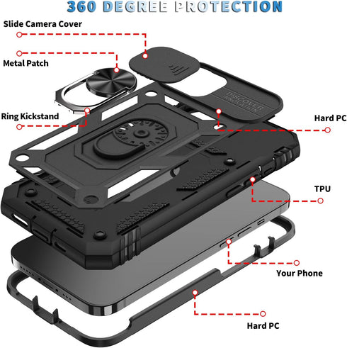 Case for iPhone 13, Camera Cover Phone Case with Rotation Ring Stand for Apple iPhone 13 - Black...