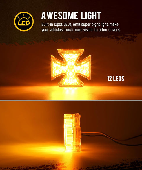 Partsam 5Pcs 2 inch Cross Amber 12 LED Side Marker Clearance Lights with 2 Bullet Plugs IP67 Waterproof for 12V-24V Trailer Truck RV Camper Surfac...