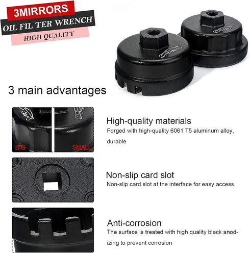 3mirrors 2Pcs Oil Filter Wrench Set, Aluminum Oil Filter Cap Removal Tool Compatible with ALL Toyota Lexus Scion RAV4 Camry Tundra Highlander with...