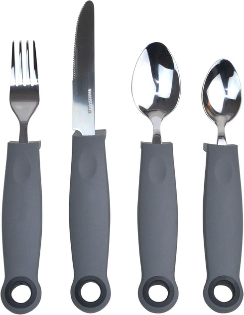 KMD Adaptive Utensils Set with Weighted and Self-Standing Handles (4-Piece), Fork, Knife, and 2 Spoons for Arthritis, Parkinson’s, Tremors, Elderl...