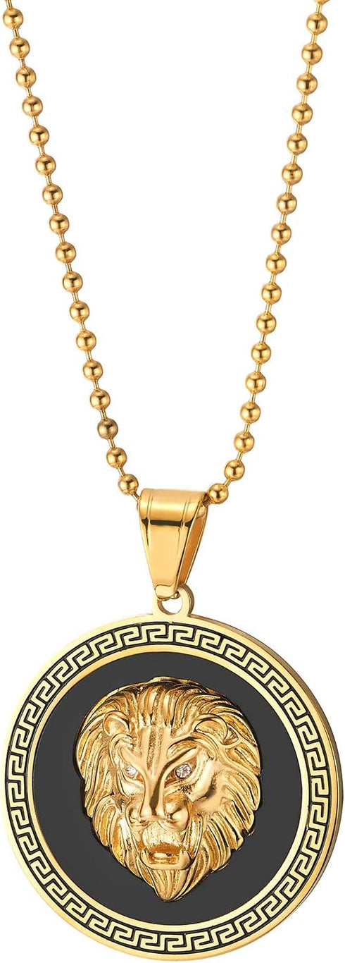 Men Steel Lion Head Circle Medal Pendant Necklace with CZ, Black Onyx, Gold Black...