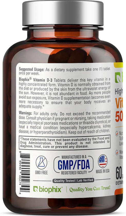 biophix Vitamin D-3 50000 IU 60 Tablets - High-Potency Supports Strong Bones Immune Health...