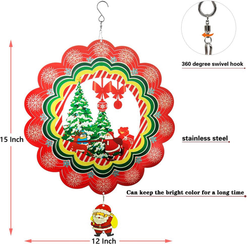 Wind Spinner Outdoor Metal Santa Claus 12inch 3D Stainless Steel Garden Sculpture 3D Wind Spinner Hanging Yard Garden Decor Gifts Indoor/Outdoor D...